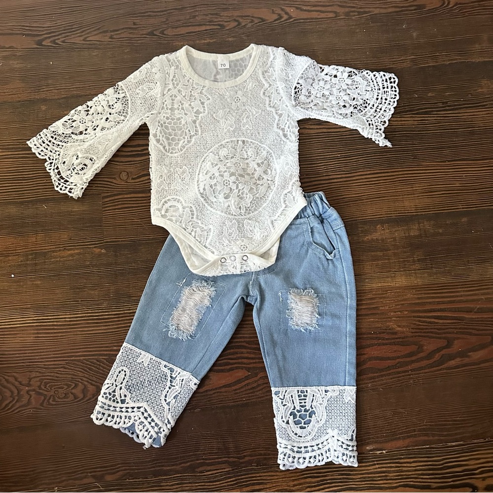 Bohemian Girls 12-18mo White Flare Lace Top and Blue Denim Jeans Pants Set